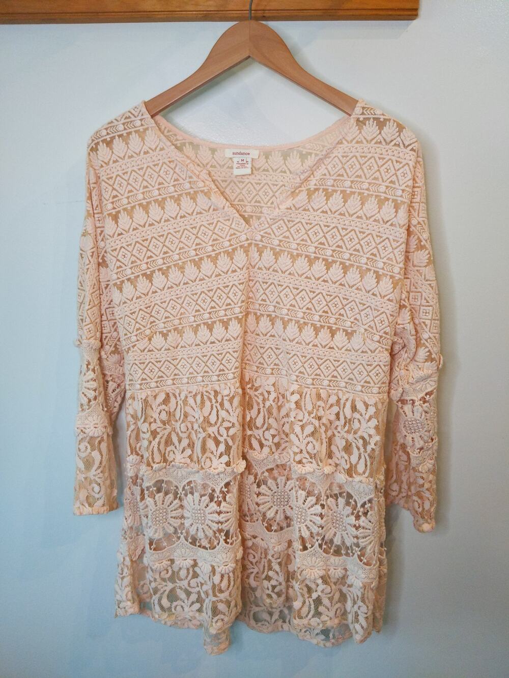 Sundance Cream Lace Crochet Top Split Neck 3/4 Sleeve Boho Sheer Medium